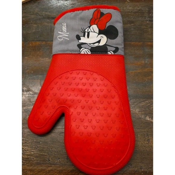 Disney Other - Disney Minnie Mouse Red Silicone Oven Mitt Gray Fabric Cuff Mickey Heads Texture